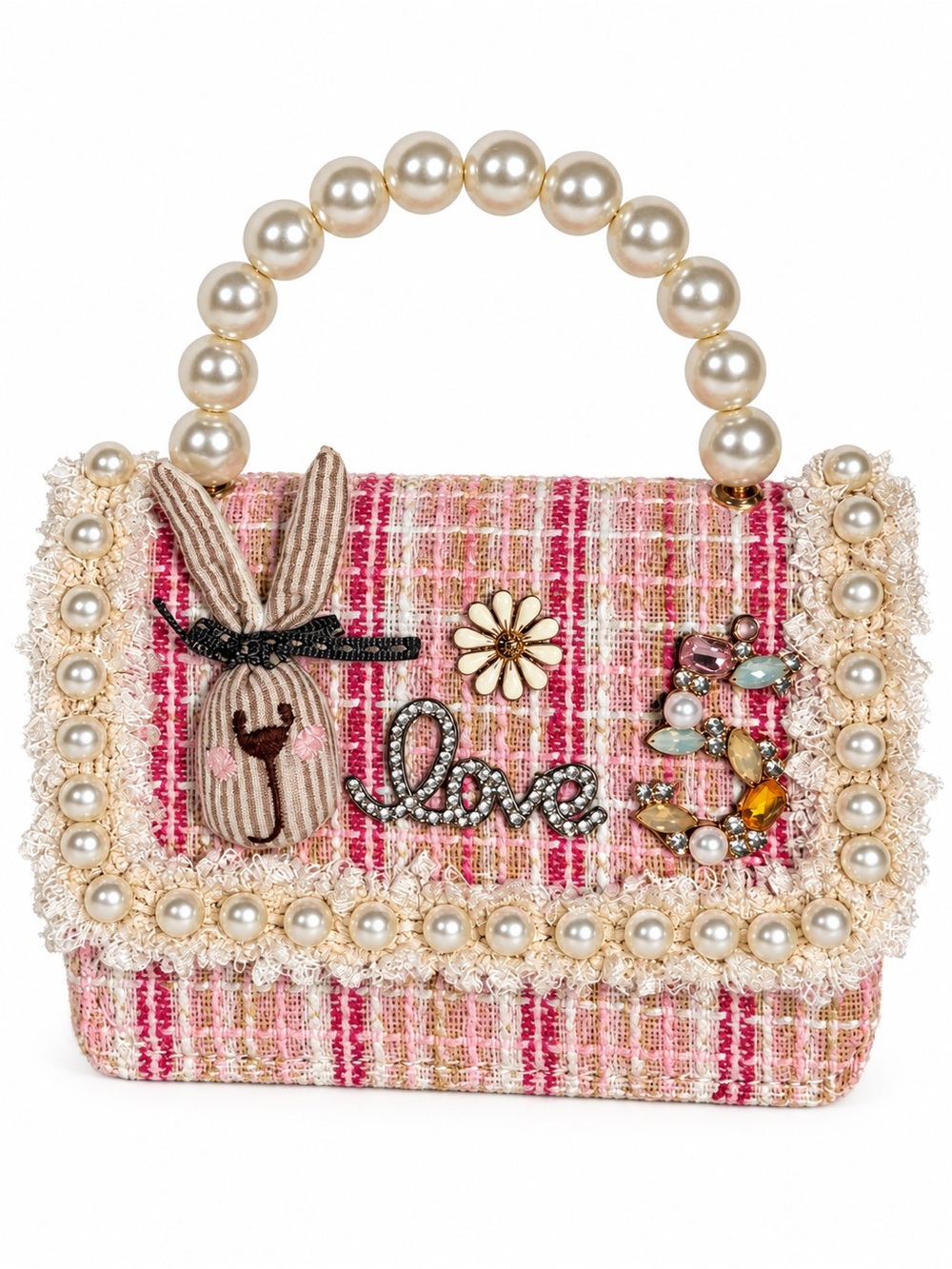 Embellished Pink Tweed Pearl-Handle Top-Handle Bag - Unbranded